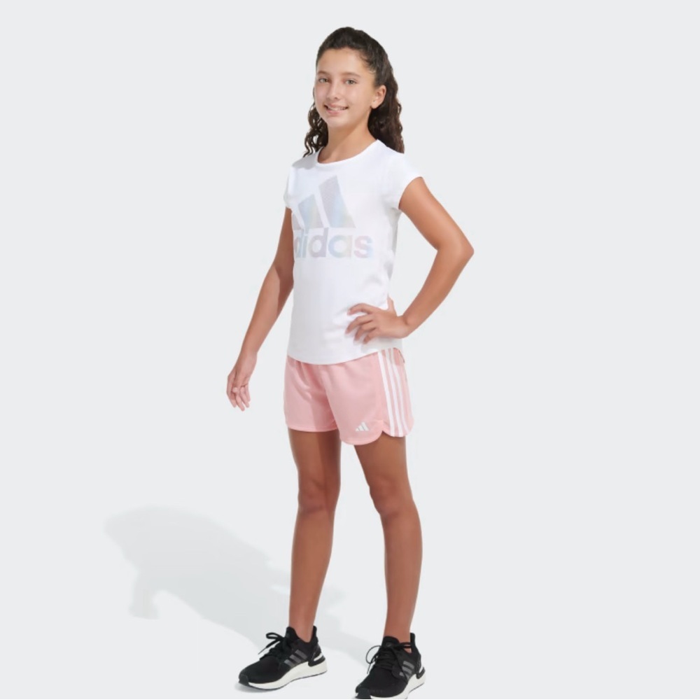 adidas Girls' 3S Pacer Mesh Shorts- Pink and Blue